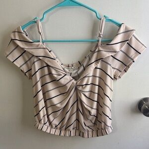 Express Womens Twist Front sm Beige/Black Striped Crop Top Short Sleeve NWT